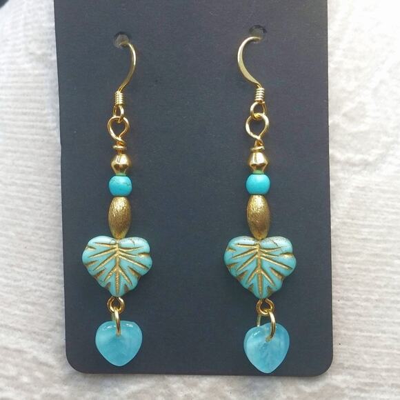 Czech Glass Leaf Earrings Artisan Made Dangle Gold Blue Beaded Accents NEW - Picture 3 of 8